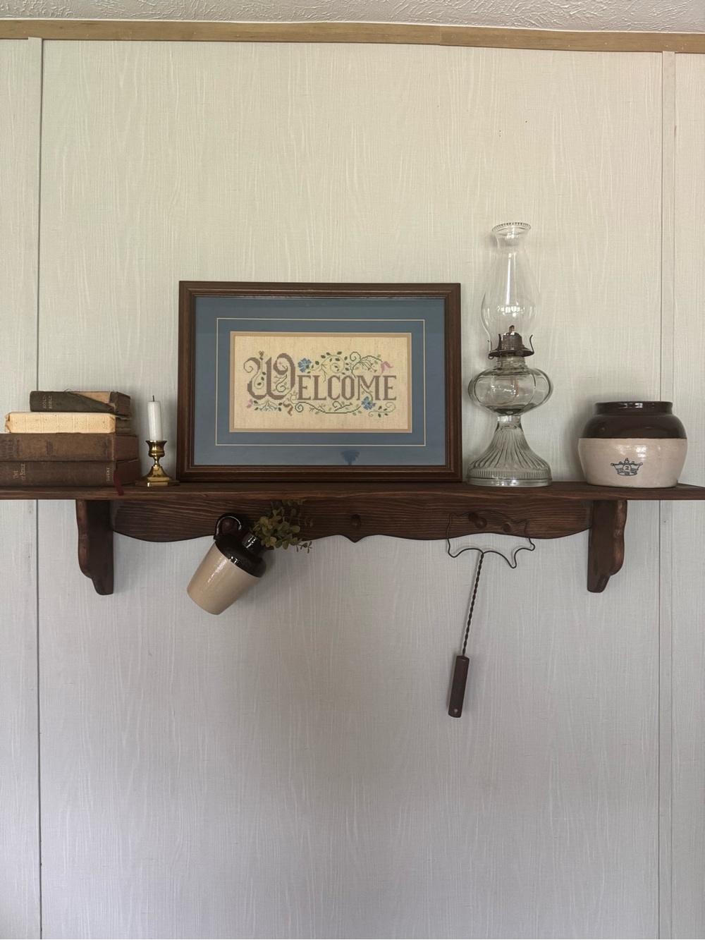 Welcome Framed Cross stitch Sampler in Blue and Beige